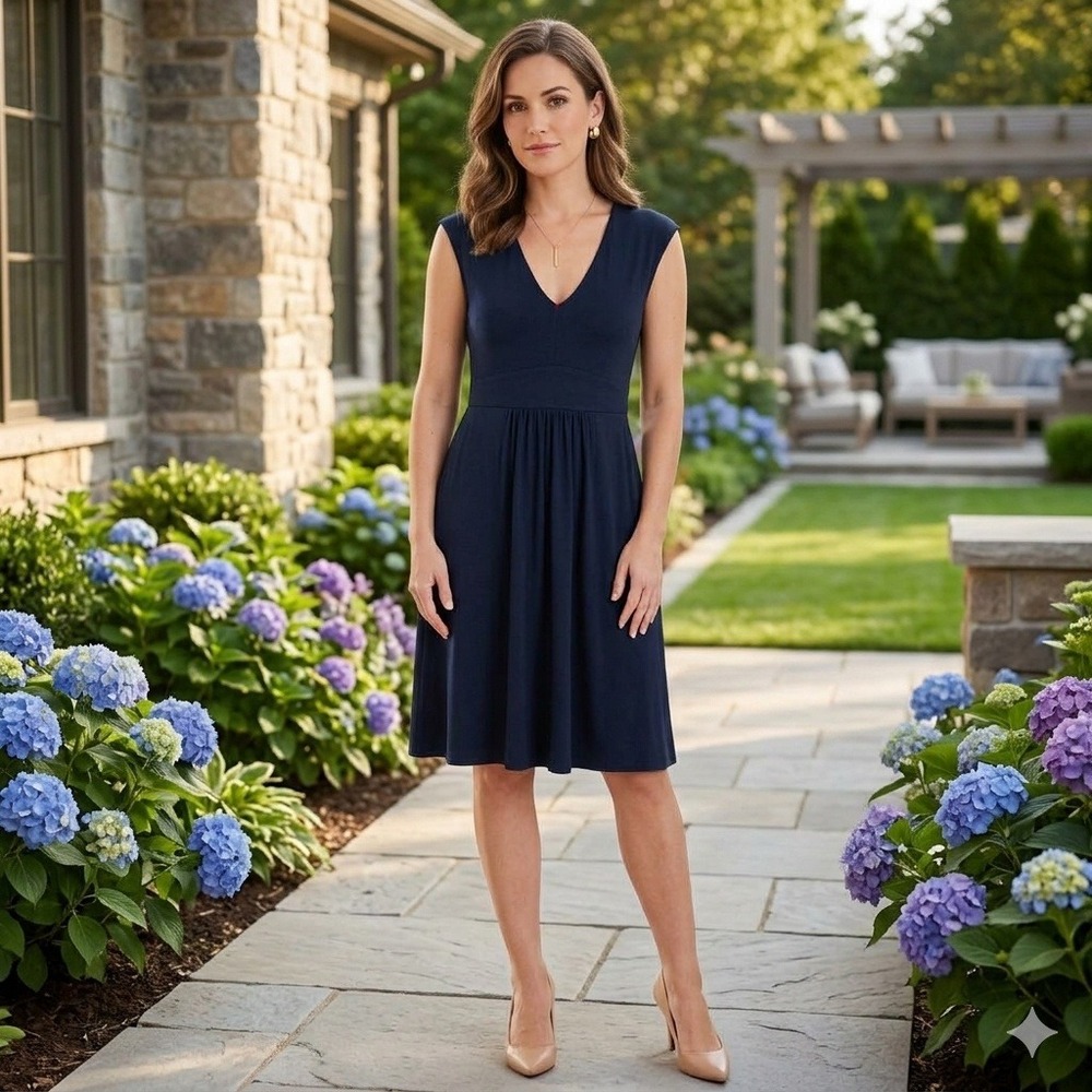 Boden Midi Dress Modest Womens 4P Navy Blue New V-Neck Empire Waist Pockets